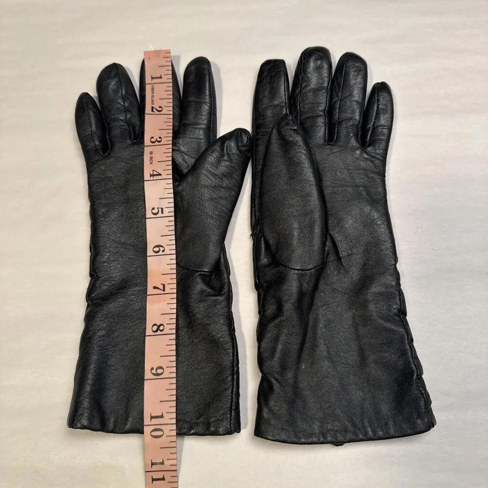 Vintage 90s Genuine Leather black Smocked Gauntlet Gloves‎ size L